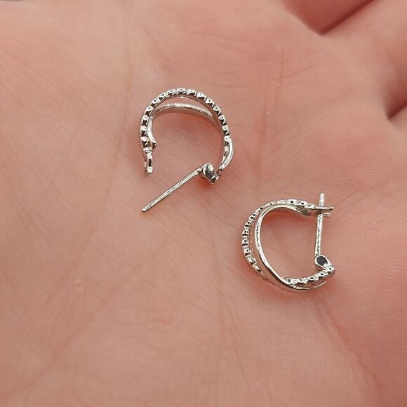 Platinum Plated Criss Cross 925 Sterling Silver Huggies Earrings - Picture 5 of 11